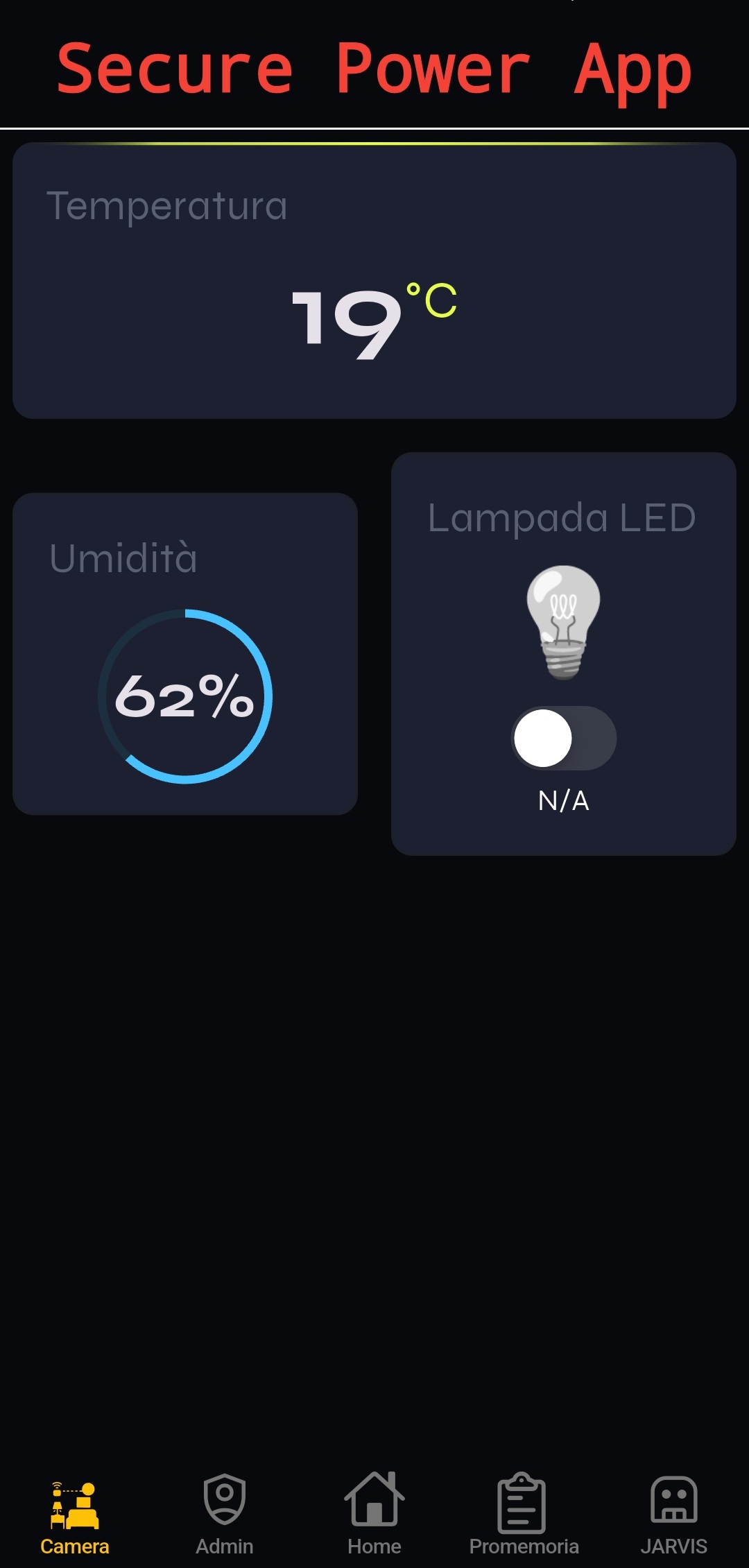 Schermata gestione sistema domotico - applicazione mobile