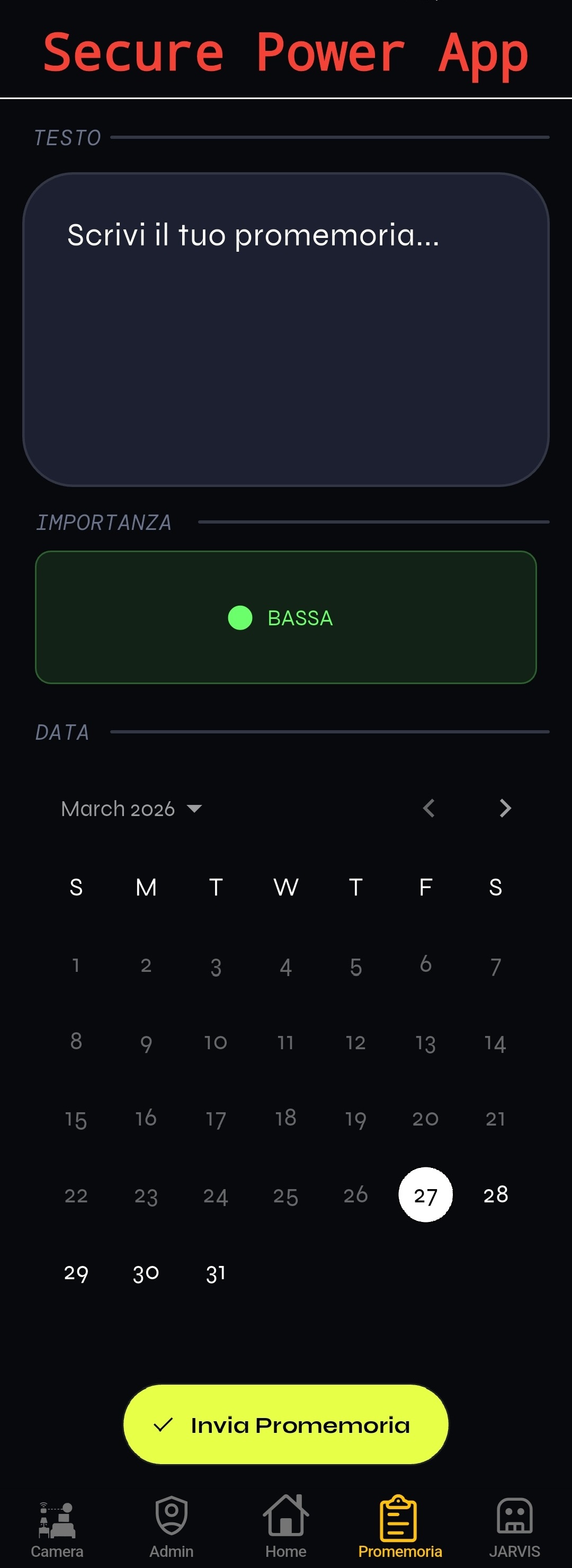 Schermata impostazione promemoria - applicazione mobile